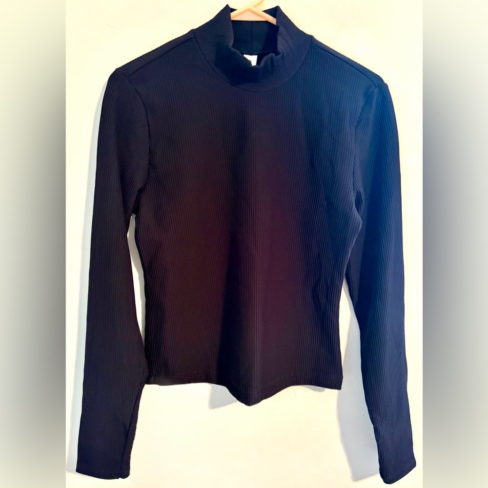 NWOT 90 Degree By Reflex Chill Tech Ribbed Black Mock Neck Long Sleeve Top SzMed